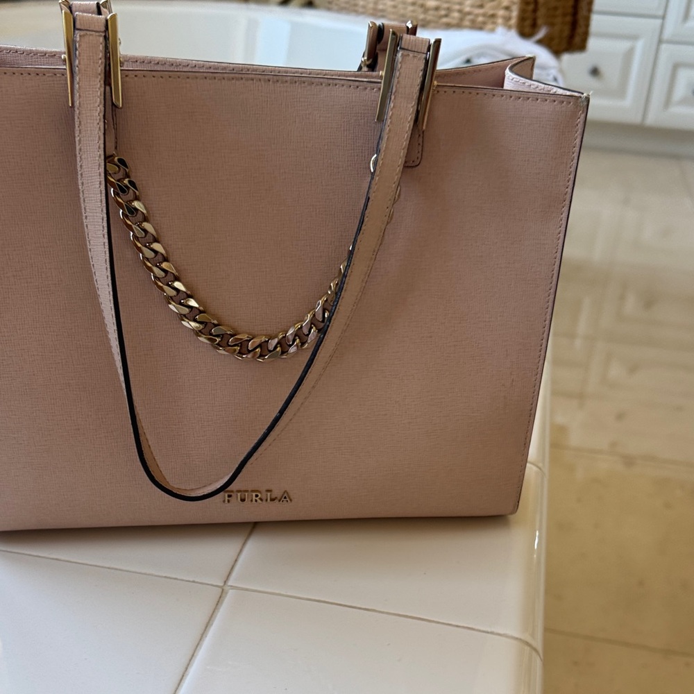 Furla Blush Leather Tote with Chain Accent